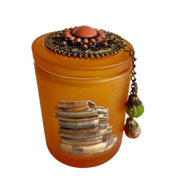 Orange Glass Jar Books Jewel Encrusted Lid Ball Tassle Vanity Jar Jeweled Orange - Picture 8 of 10